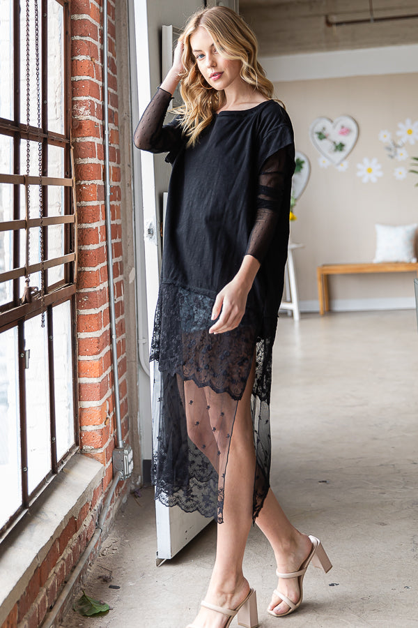 MINERAL WASHED LACE LAYERED LONG SLEEVE TOP