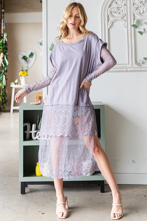 MINERAL WASHED LACE LAYERED LONG SLEEVE TOP