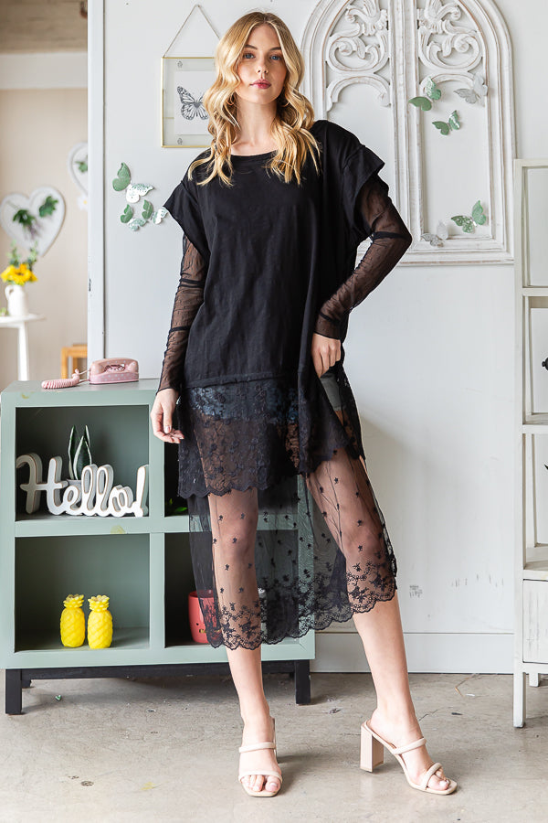 MINERAL WASHED LACE LAYERED LONG SLEEVE TOP