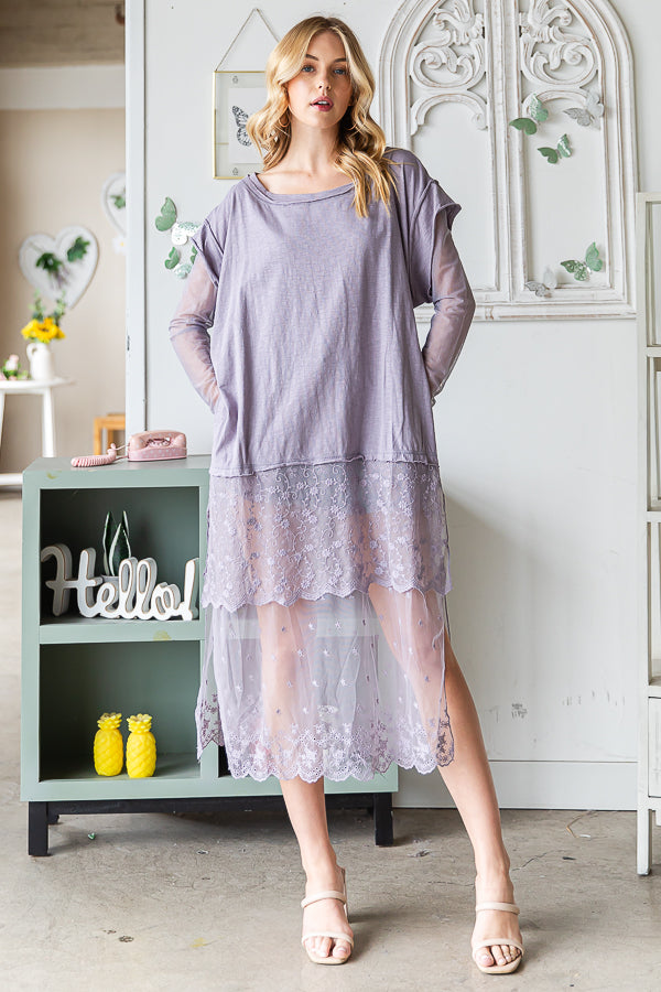 MINERAL WASHED LACE LAYERED LONG SLEEVE TOP