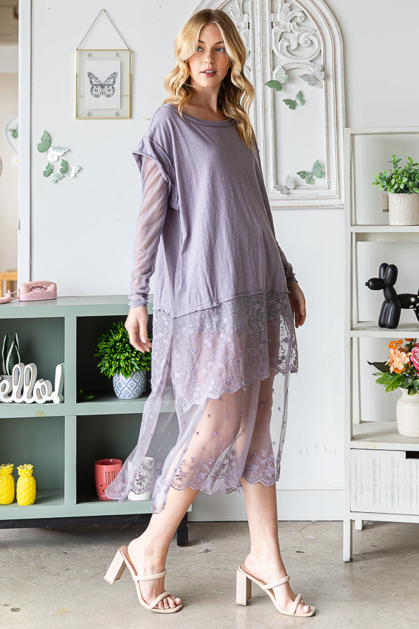 MINERAL WASHED LACE LAYERED LONG SLEEVE TOP