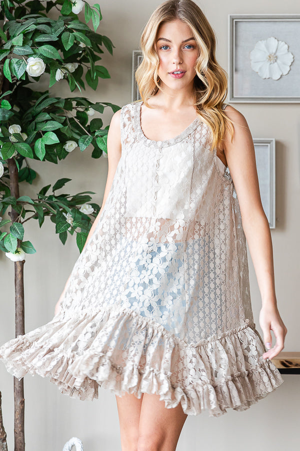 MINERAL WASHED RUFFLE TIERED HEM LACE TANK TOP