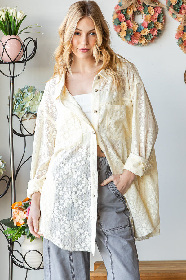 WASHED LACE BUTTON DOWN SHIRT
