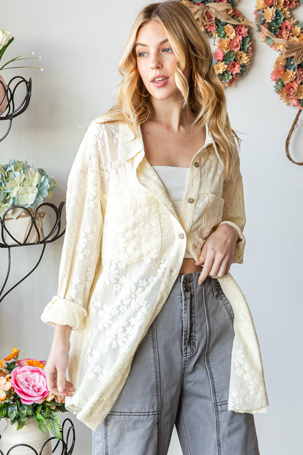 WASHED LACE BUTTON DOWN SHIRT