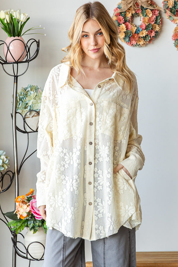 WASHED LACE BUTTON DOWN SHIRT