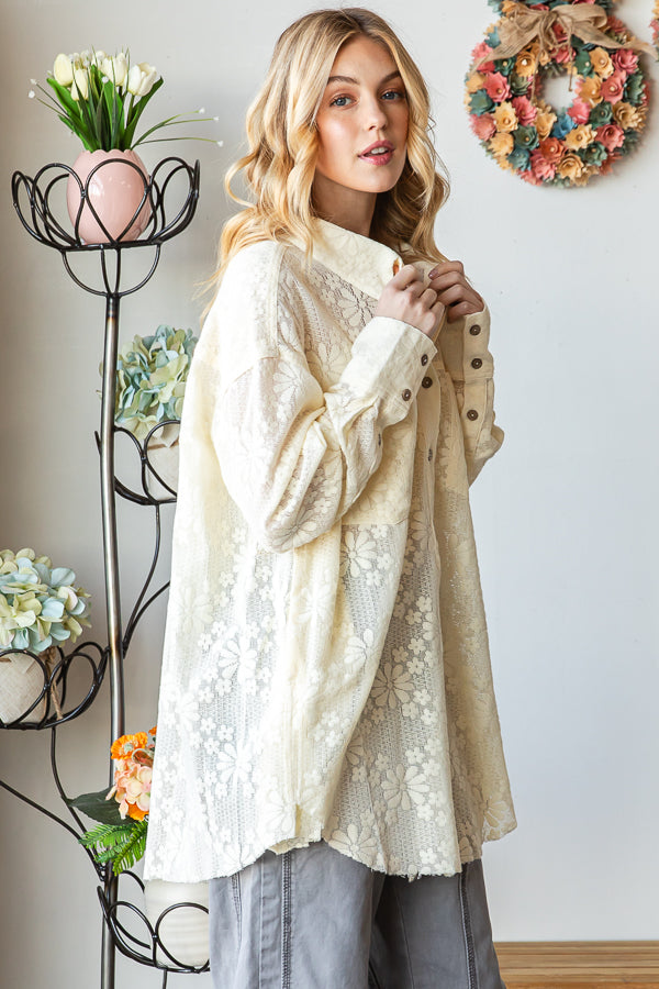 WASHED LACE BUTTON DOWN SHIRT