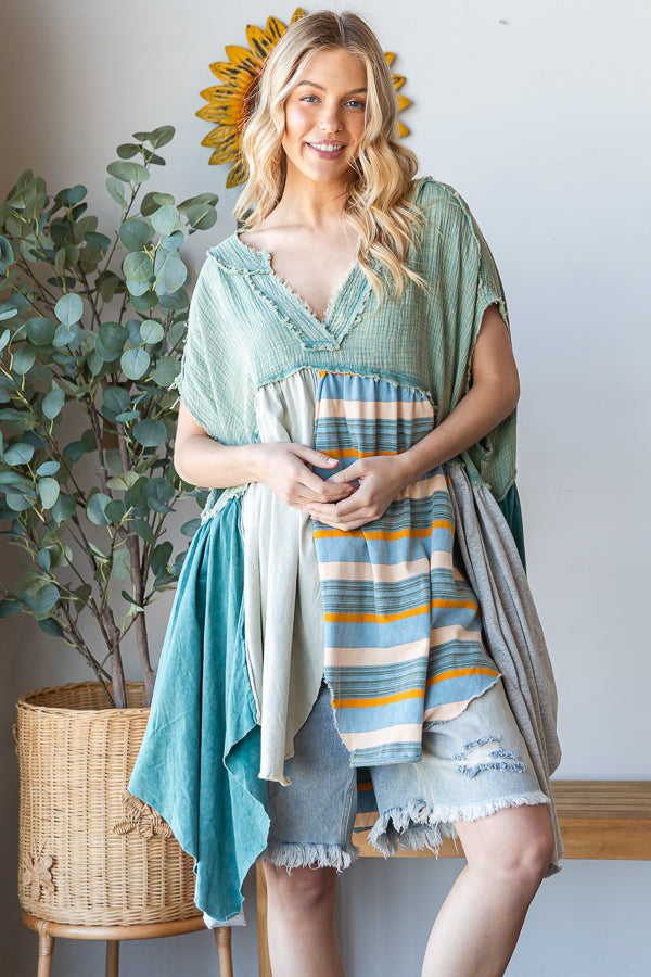 WASHED MIXED MEDIA V NECK POINTED HEM BABYDOLL TOP