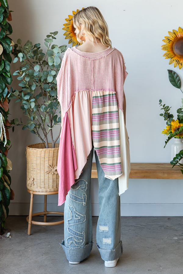 WASHED MIXED MEDIA V NECK POINTED HEM BABYDOLL TOP