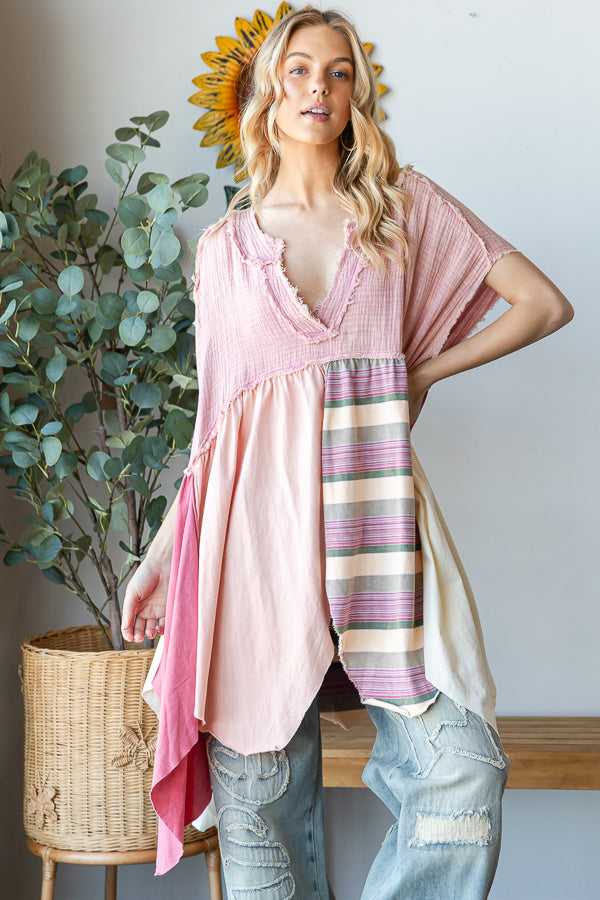 WASHED MIXED MEDIA V NECK POINTED HEM BABYDOLL TOP