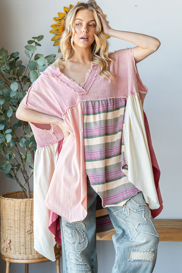 WASHED MIXED MEDIA V NECK POINTED HEM BABYDOLL TOP