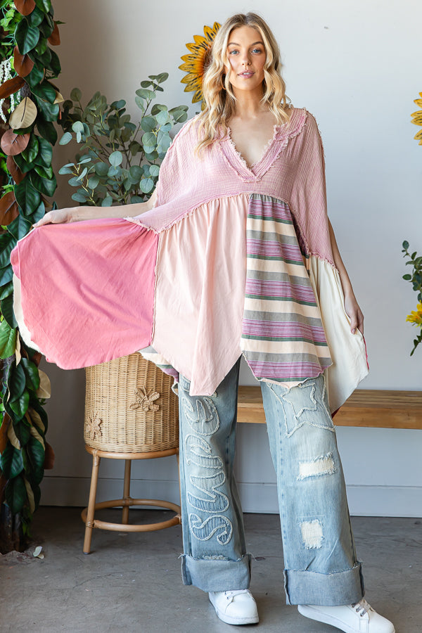 WASHED MIXED MEDIA V NECK POINTED HEM BABYDOLL TOP