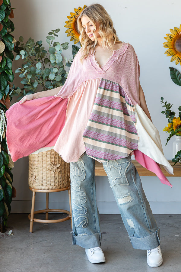 WASHED MIXED MEDIA V NECK POINTED HEM BABYDOLL TOP