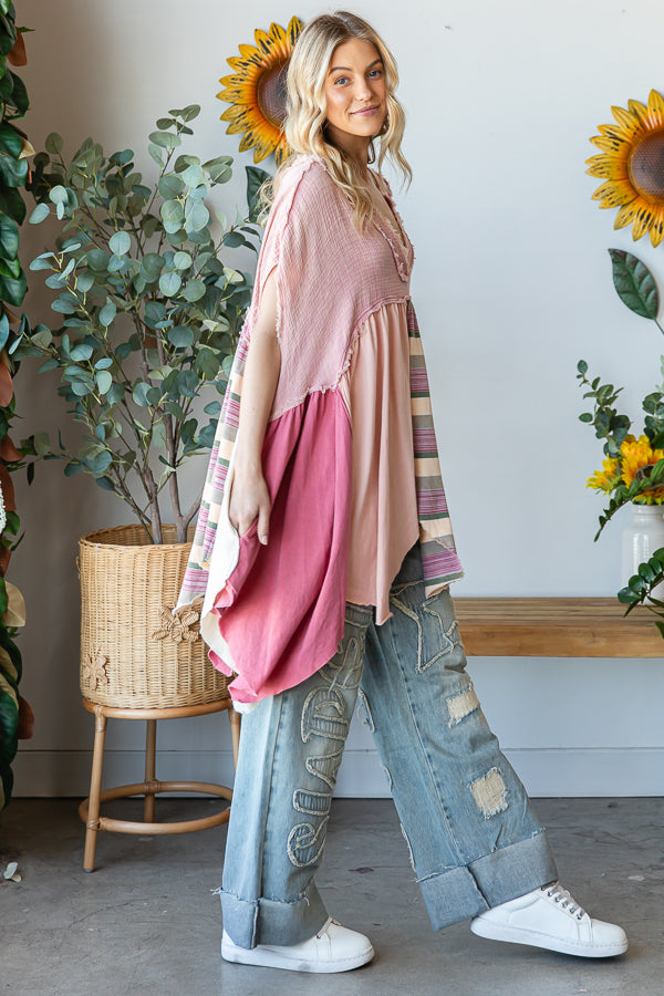 WASHED MIXED MEDIA V NECK POINTED HEM BABYDOLL TOP