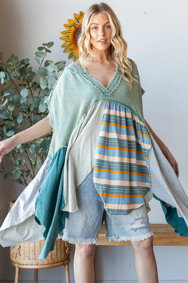 WASHED MIXED MEDIA V NECK POINTED HEM BABYDOLL TOP