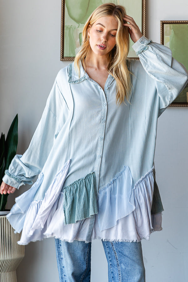PIECED RUFFLE DETAIL HEM BUTTON DOWN SHIRT