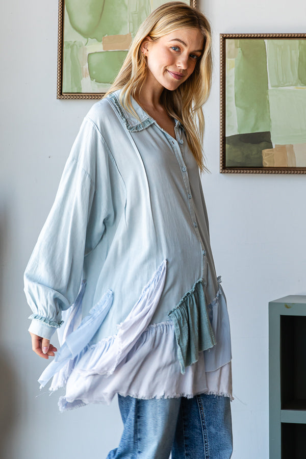 PIECED RUFFLE DETAIL HEM BUTTON DOWN SHIRT