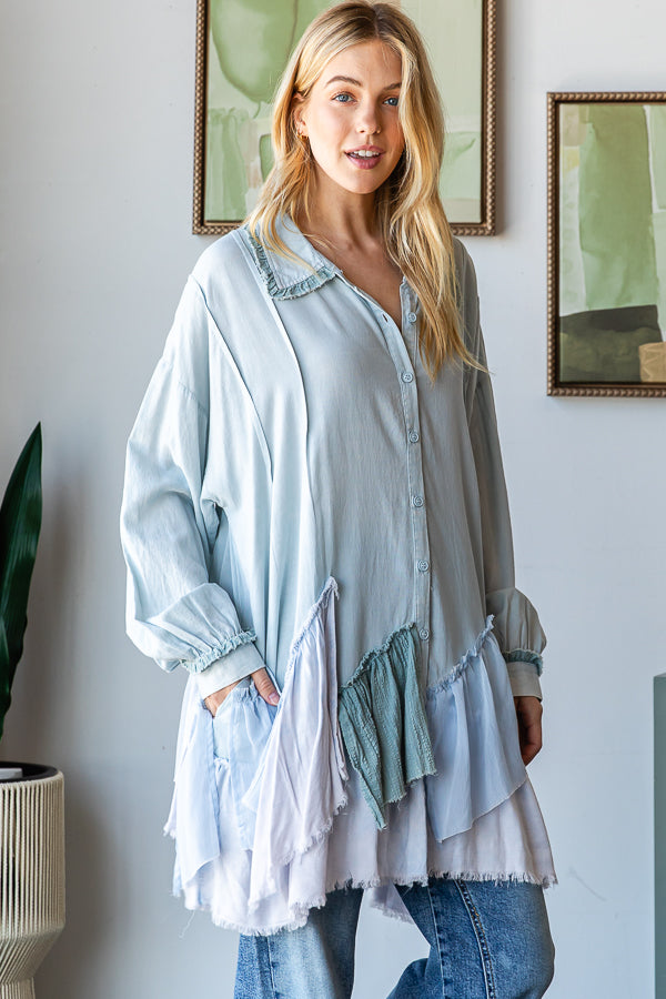 PIECED RUFFLE DETAIL HEM BUTTON DOWN SHIRT