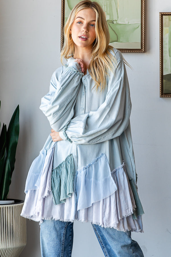 PIECED RUFFLE DETAIL HEM BUTTON DOWN SHIRT