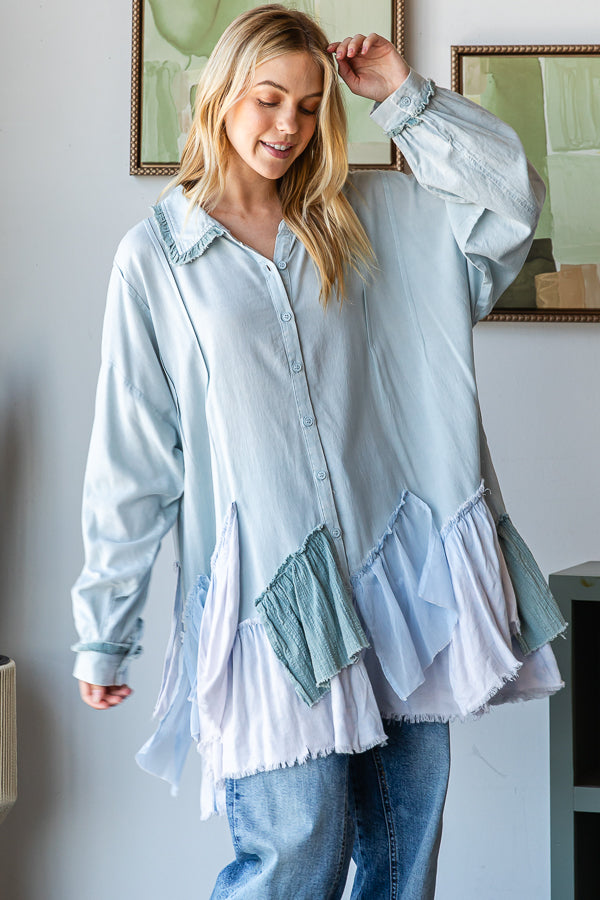 PIECED RUFFLE DETAIL HEM BUTTON DOWN SHIRT