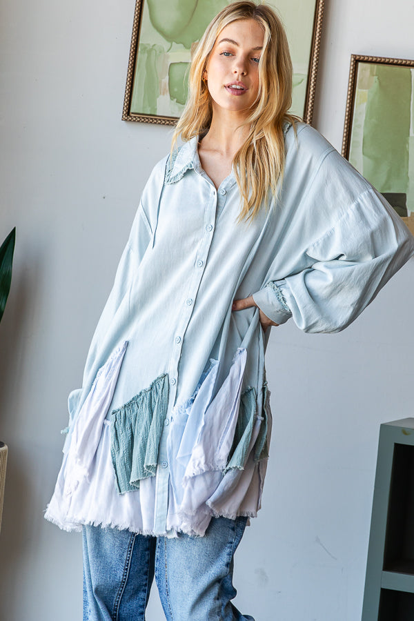 PIECED RUFFLE DETAIL HEM BUTTON DOWN SHIRT