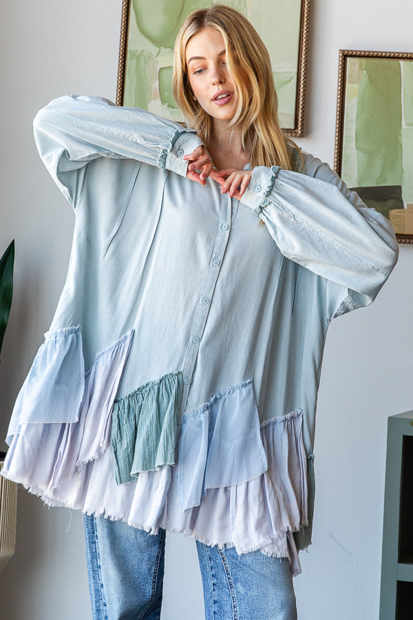 PIECED RUFFLE DETAIL HEM BUTTON DOWN SHIRT
