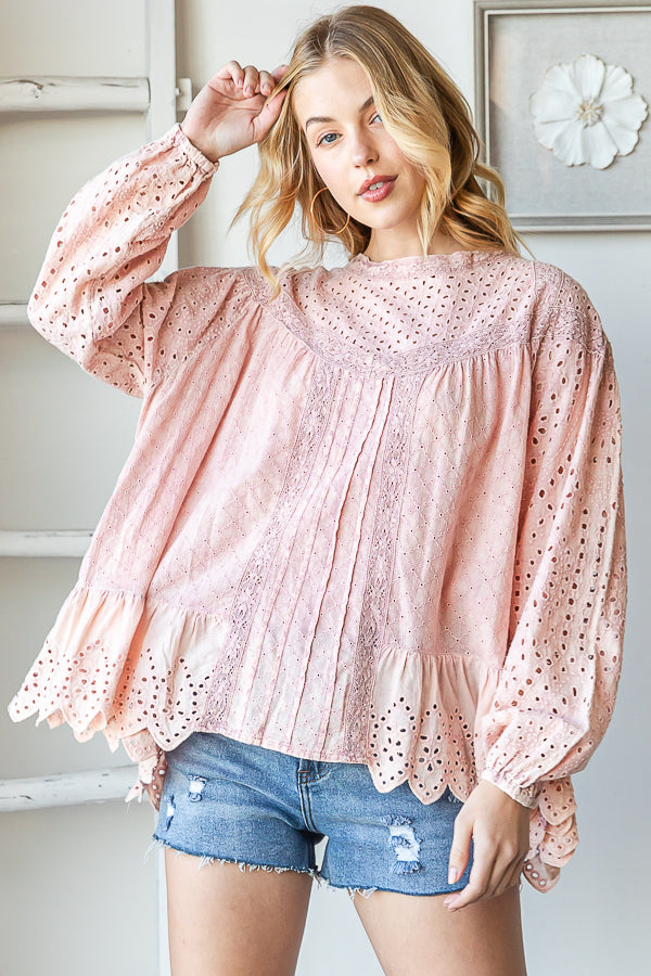 WASHED RUFFLE HEM BABYDOLL EYELET TOP