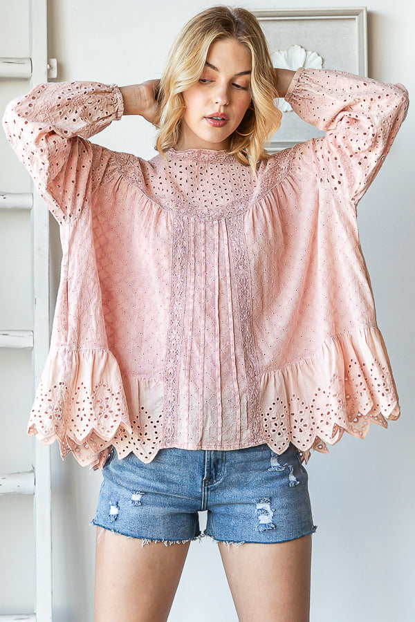 WASHED RUFFLE HEM BABYDOLL EYELET TOP