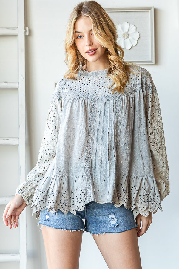 WASHED RUFFLE HEM BABYDOLL EYELET TOP