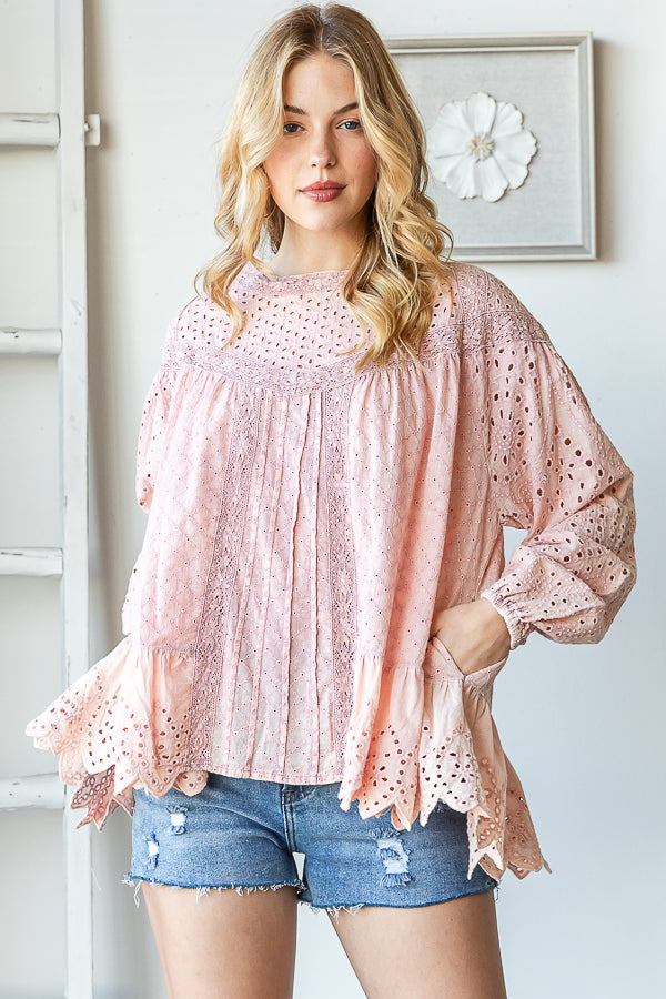 WASHED RUFFLE HEM BABYDOLL EYELET TOP