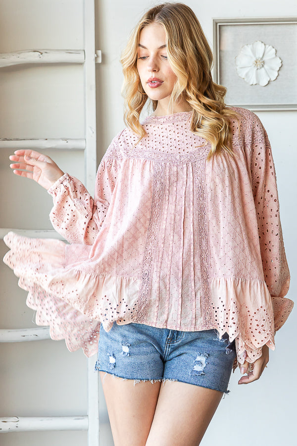 WASHED RUFFLE HEM BABYDOLL EYELET TOP