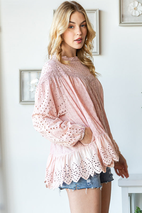 WASHED RUFFLE HEM BABYDOLL EYELET TOP