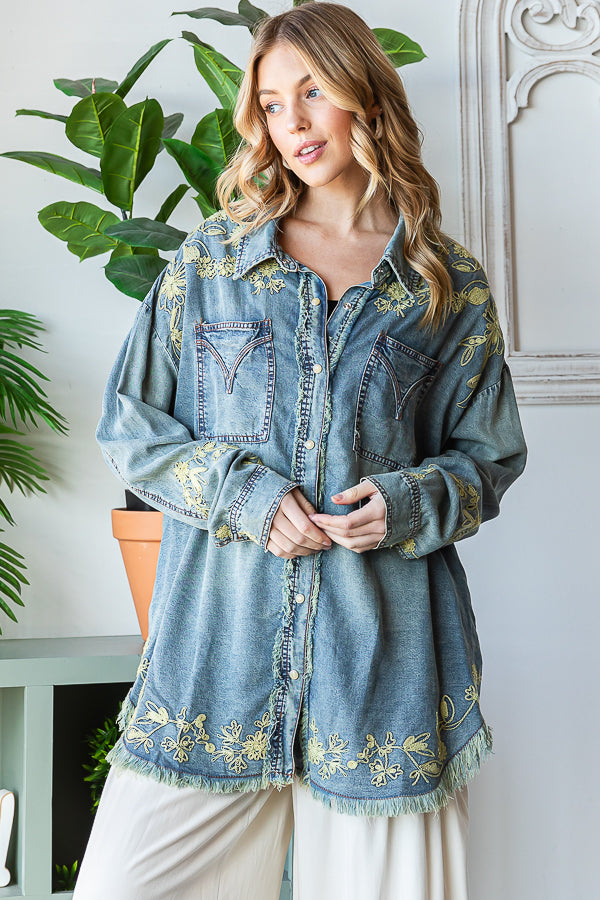 WASHED EMBROIDERED BUTTON FRONT SHIRT