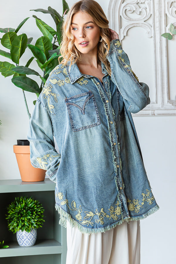 WASHED EMBROIDERED BUTTON FRONT SHIRT