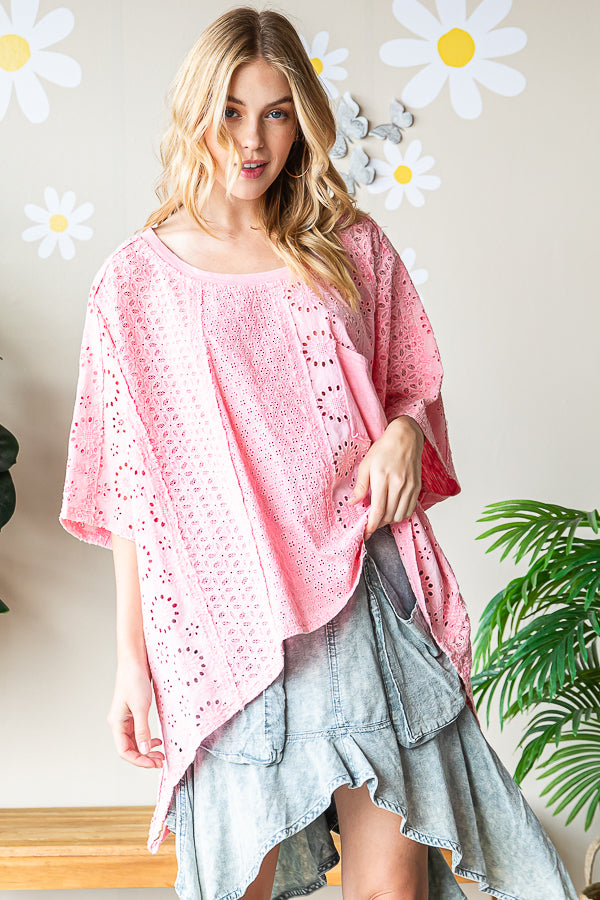 WASHED ASYMMETRICAL HEM OVERSIZED EYELET TOP