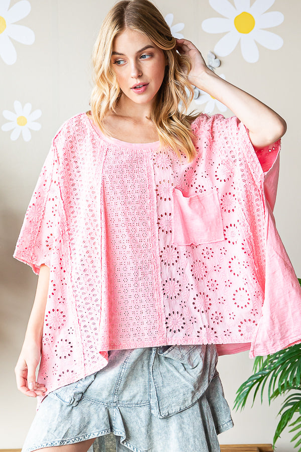 WASHED ASYMMETRICAL HEM OVERSIZED EYELET TOP