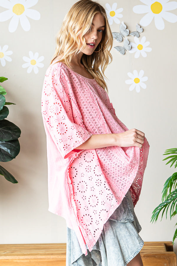WASHED ASYMMETRICAL HEM OVERSIZED EYELET TOP