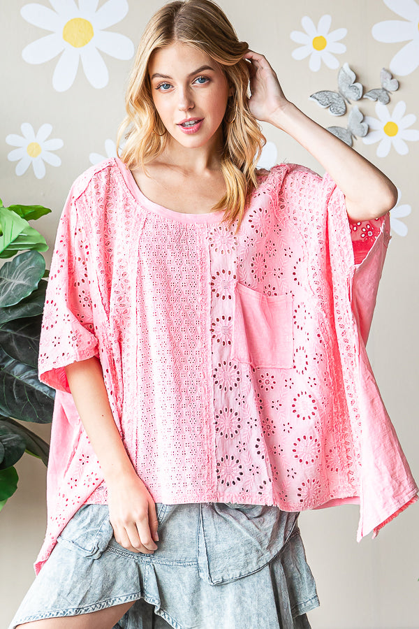 WASHED ASYMMETRICAL HEM OVERSIZED EYELET TOP
