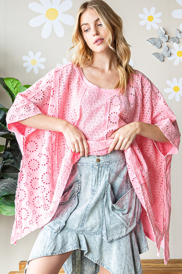 WASHED ASYMMETRICAL HEM OVERSIZED EYELET TOP