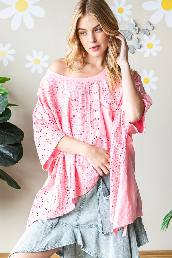 WASHED ASYMMETRICAL HEM OVERSIZED EYELET TOP