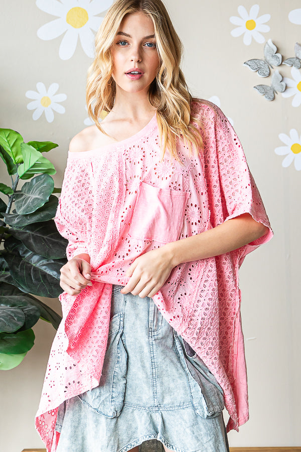 WASHED ASYMMETRICAL HEM OVERSIZED EYELET TOP