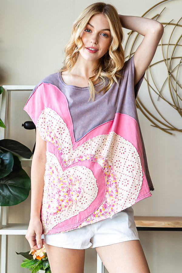 WASHED HEART DETAIL PATCHWORK SHORT SLEEVE TOP