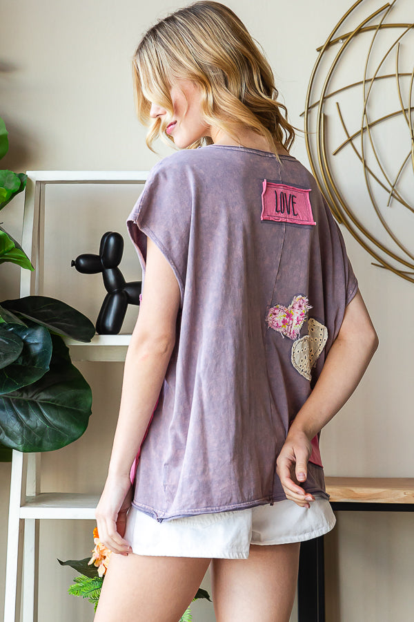 WASHED HEART DETAIL PATCHWORK SHORT SLEEVE TOP