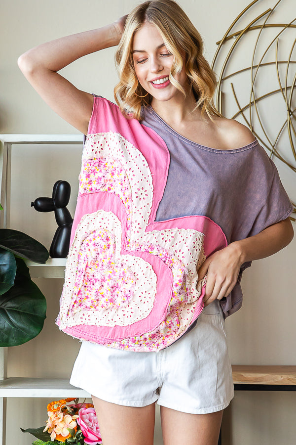 WASHED HEART DETAIL PATCHWORK SHORT SLEEVE TOP