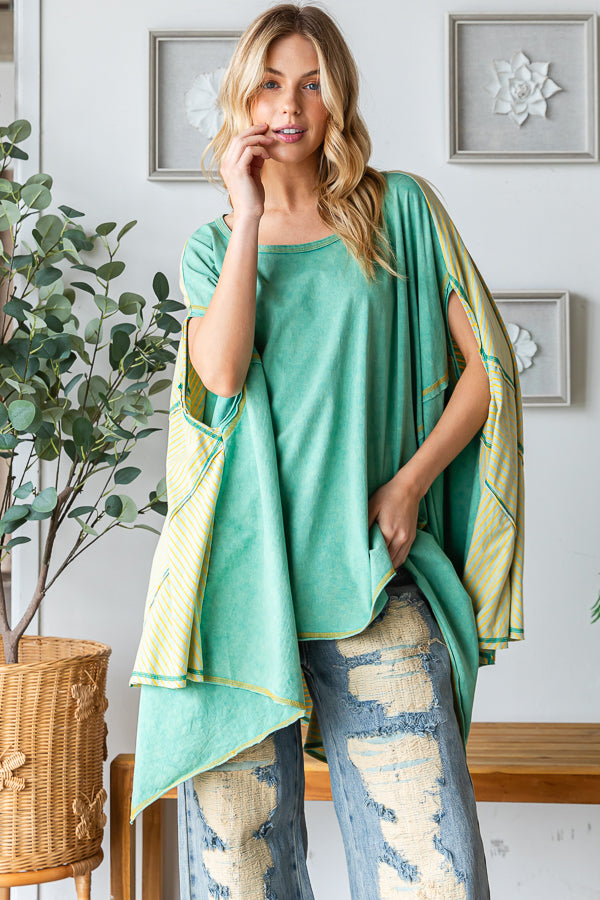 WASHED COLORBLOCK ASYMMETRICAL HEM OVERSIZED TOP