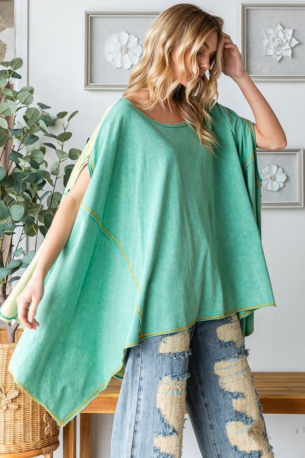 WASHED COLORBLOCK ASYMMETRICAL HEM OVERSIZED TOP