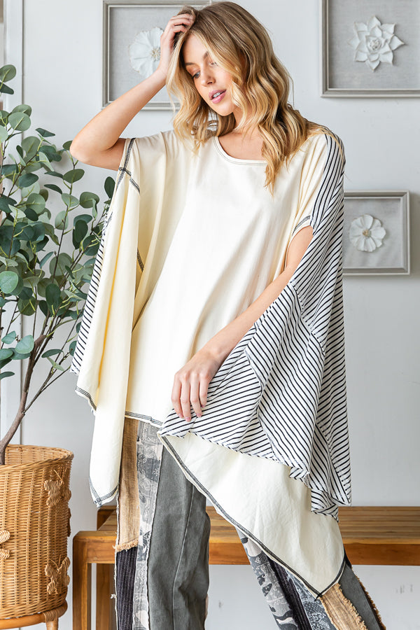 WASHED COLORBLOCK ASYMMETRICAL HEM OVERSIZED TOP