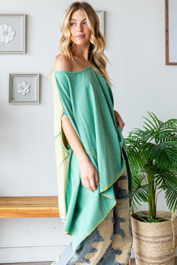 WASHED COLORBLOCK ASYMMETRICAL HEM OVERSIZED TOP
