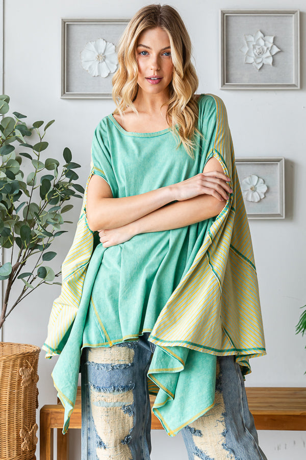 WASHED COLORBLOCK ASYMMETRICAL HEM OVERSIZED TOP