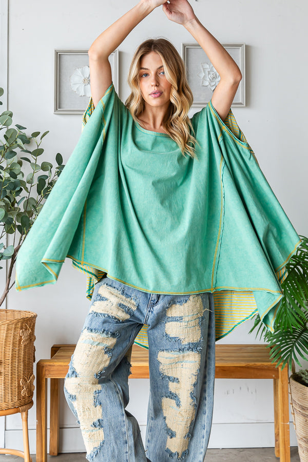WASHED COLORBLOCK ASYMMETRICAL HEM OVERSIZED TOP