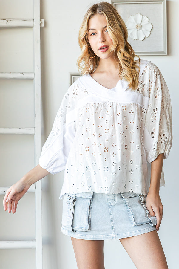 WASHED V NECK DOLMAN SHORT SLEEVE EYELET TOP